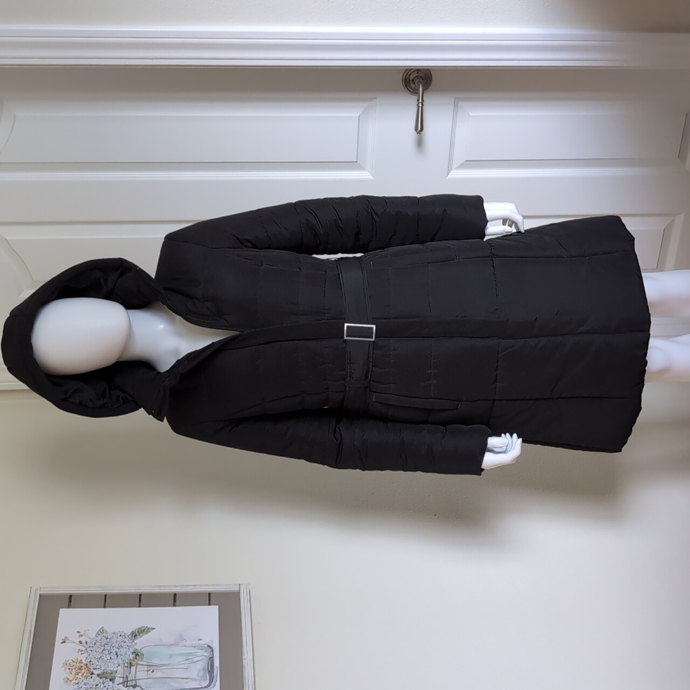 Merona® Puffer Long Black Coat ZipUp Hooded Belted SzM Like New